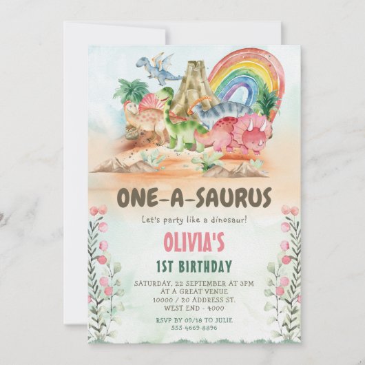 Invitation Dinosaur One-A-Saurus 1ère fête d'anniversaire (Devant)