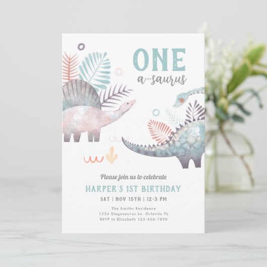 Invitation Dinosaur One-A-Saurus 1ère fête d'anniversaire (Debout devant)