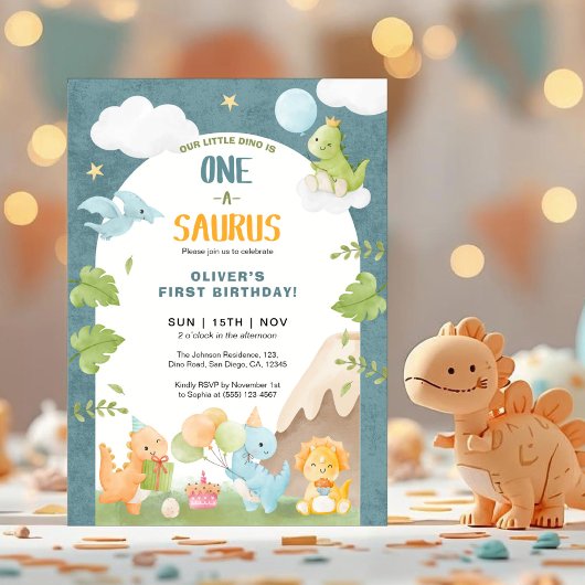 Invitation Dinosaur One-A-Saurus 1st First Birthday Party