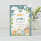 Invitation Dinosaur One-A-Saurus 1st First Birthday Party (Debout devant)