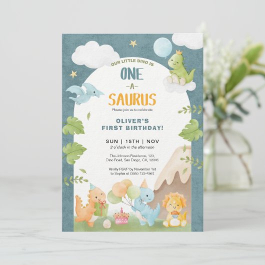 Invitation Dinosaur One-A-Saurus 1st First Birthday Party (Debout devant)