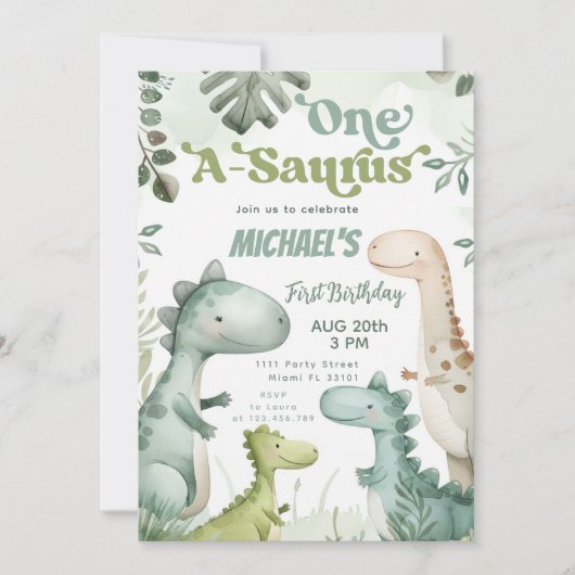 Invitation Dinosaur One-A-Saurus Boy 1ère fête d'anniversaire (Devant)