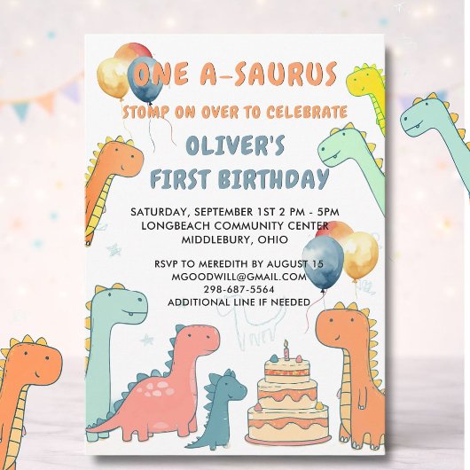 Invitation Dinosaur One-A-Saurus Boy 1st Birthday Party  