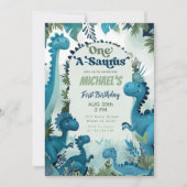 Invitation Dinosaur One-A-Saurus Boy Blue 1ère fête d'anniver (Devant)