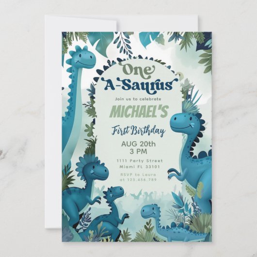 Invitation Dinosaur One-A-Saurus Boy Blue 1ère fête d'anniver (Devant)