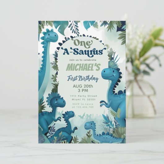 Invitation Dinosaur One-A-Saurus Boy Blue 1ère fête d'anniver (Debout devant)