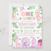 Invitation Dinosaur One-A-Saurus Fille 1er anniversaire (Devant)
