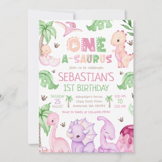 Invitation Dinosaur One-A-Saurus Fille 1er anniversaire (Devant)