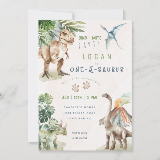 Invitation Dinosaur One-A-Saurus Party Dinosaure 1er annivers (Devant)
