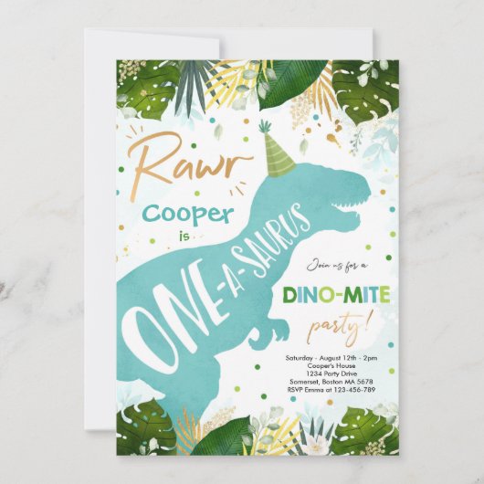 Invitation Dinosaur One-A-Saurus Party Dinosaure 1er annivers (Devant)