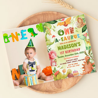 Invitation Dinosaur One-A-Saurus Vert 1er Anniversaire Photo