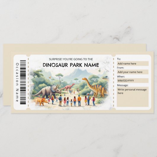 Invitation Dinosaur Park Ticket Gift Certificate Template (Devant / Derrière)