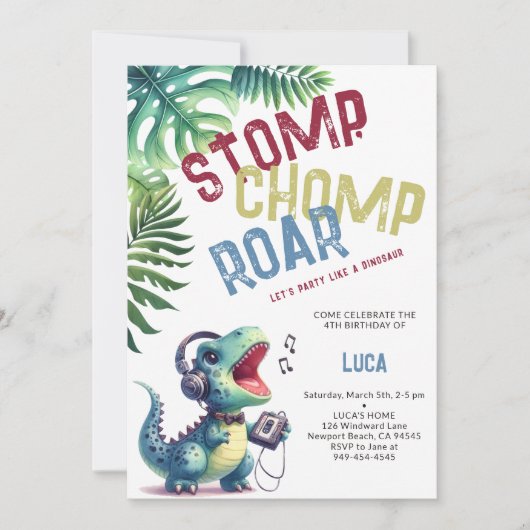 Invitation Dinosaur Party déménage Stomp Chomp Roar Boy Anniv (Devant)