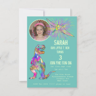 Invitation Dinosaur Party Girls 3ème anniversaire photo Turqu