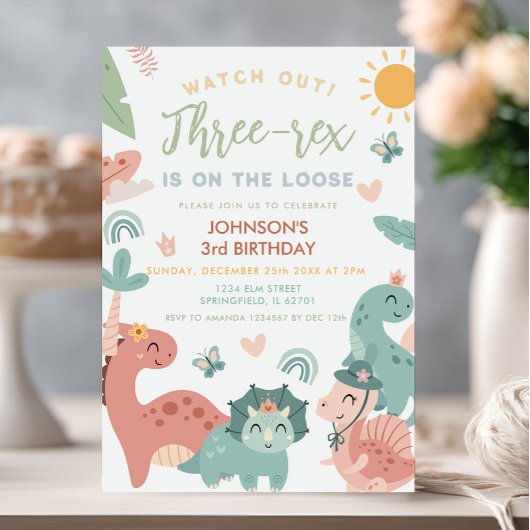 Invitation Dinosaur Pastel 3-rex Boy Dinosaur 3e fête d'anniv