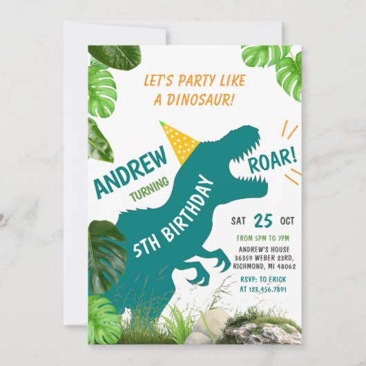 Invitation Dinosaur personnel TRex Anniversaire pour garçon (Devant)