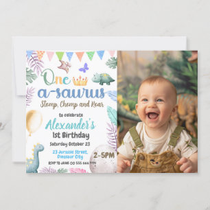 Invitation Dinosaur Photo 1er anniversaire One-A-Saurus Party