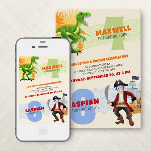 Invitation Dinosaur Pirate Joint Double Anniversaire Invitati