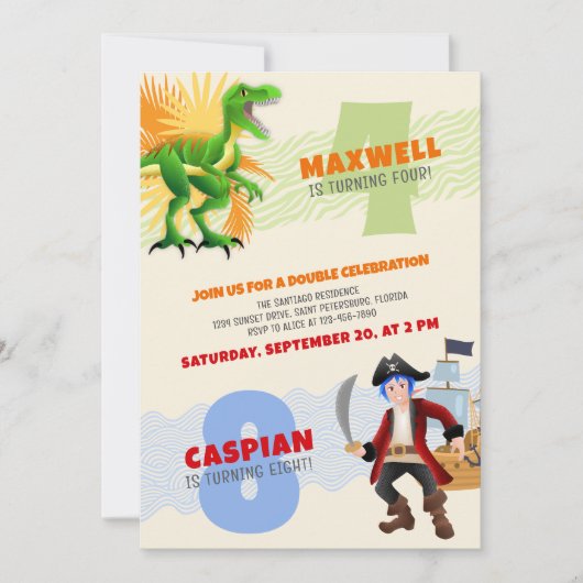 Invitation Dinosaur Pirate Joint Double Anniversaire Invitati (Devant)