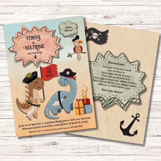 Invitation Dinosaur Pirate Twin Boys fête d'anniversaire Pers