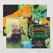 Invitation Dinosaur premier anniversaire garçon avec Photo (Devant / Derrière)