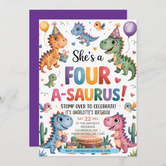 Invitation Dinosaur Quatre A-Saurus 4e fête d'anniversaire T- (Devant / Derrière)
