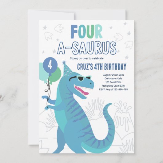 Invitation Dinosaur Quatre A-Saurus 4e fête d'anniversaire T- (Devant)