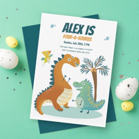 Invitation Dinosaur Quatre-A-Saurus Enfants 4e anniversaire I