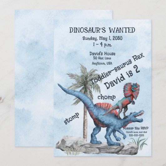 Invitation DINOSAUR RECHERCHÉ Anniversaire De 2 Ans (Devant / Derrière)