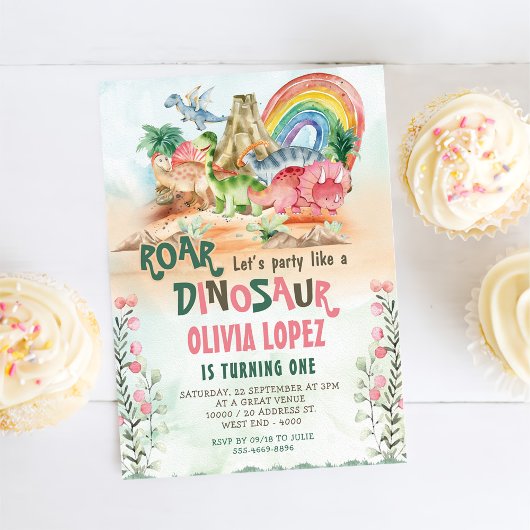 Invitation Dinosaur Roar 1er anniversaire Fille de fête