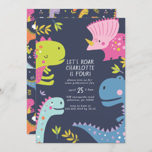 Invitation Dinosaur Roar Girls Anniversaire Rose