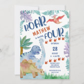 Invitation Dinosaur Roar .. tourne quatre garçons 4e annivers (Devant)