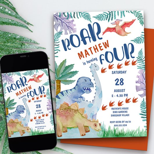 Invitation Dinosaur Roar .. tourne quatre garçons 4e annivers