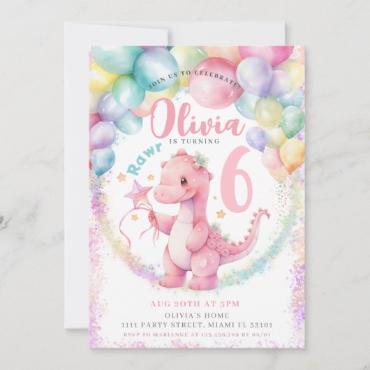 Invitation Dinosaur Rose Dino Fille Anniversaire Fête Invitat (Devant)