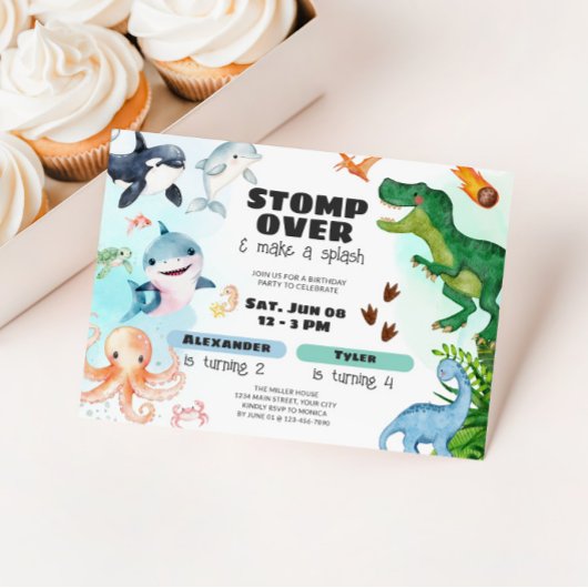 Invitation Dinosaur & Shark Under the Sea Sibling Birthday