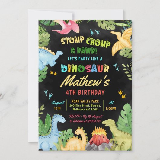 Invitation Dinosaur Stomp Chomp Et Rawr T-Rex fête d'annivers (Devant)
