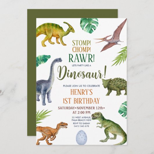Invitation Dinosaur Stomp Chomp Rawr 1er anniversaire Boy Par (Devant / Derrière)