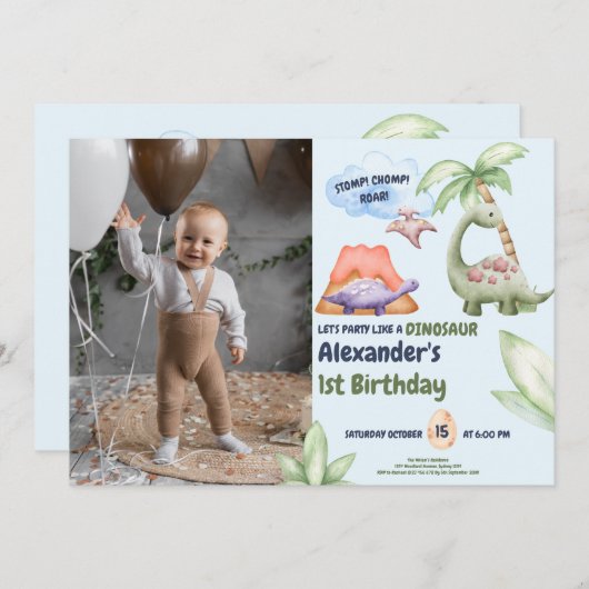 Invitation Dinosaur Stomp Chomp Rawr 1er anniversaire de fête (Devant / Derrière)