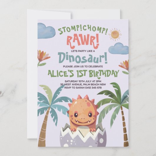 Invitation Dinosaur Stomp Chomp Rawr 1er anniversaire de fête (Devant)