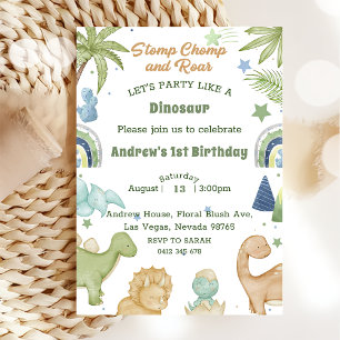 Invitation Dinosaur Stomp Chomp Rawr 1er anniversaire de fête