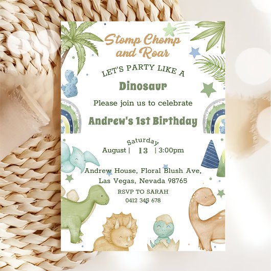 Invitation Dinosaur Stomp Chomp Rawr 1er anniversaire de fête