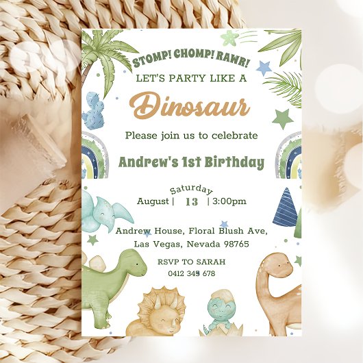 Invitation Dinosaur Stomp Chomp Rawr 1er anniversaire de fête