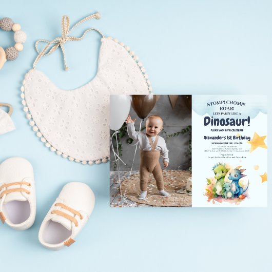 Invitation Dinosaur Stomp Chomp Rawr 1er anniversaire de fête