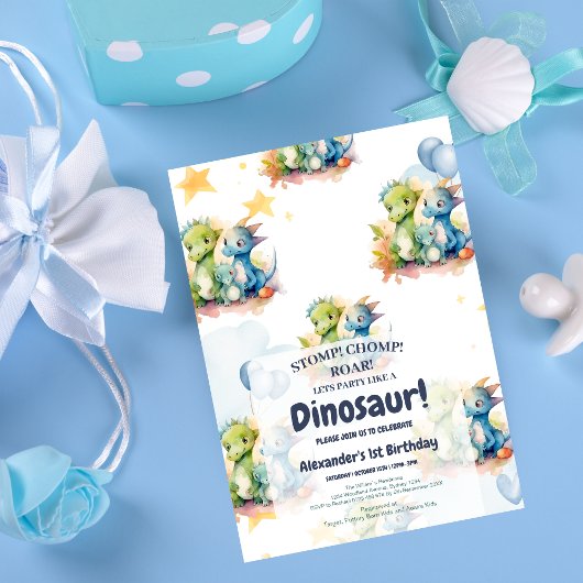 Invitation Dinosaur Stomp Chomp Rawr 1er anniversaire de fête
