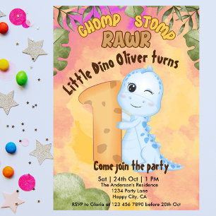 Invitation Dinosaur Stomp Chomp Rawr 1ère fête d'anniversaire