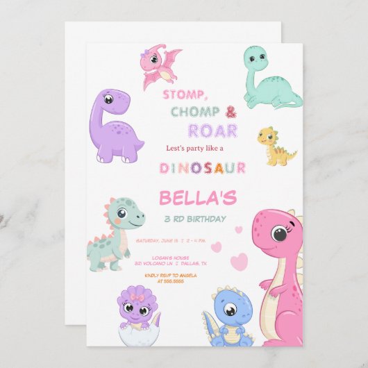 Invitation Dinosaur Stomp Chomp Rawr Anniversaire Fête de FIL (Devant / Derrière)