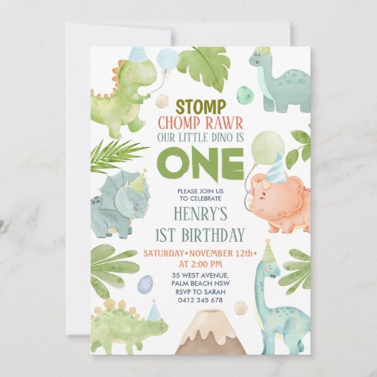 Invitation Dinosaur Stomp Chomp Rawr Boy Dino 1er anniversair (Devant)