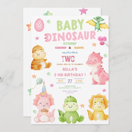 Invitation Dinosaur Stomp Chomp Rawr Fille de fête d'annivers (Devant / Derrière)