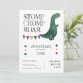 Invitation Dinosaur Stomp Chomp Roar 1ère fête d'anniversaire (Debout devant)