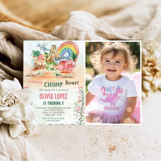 Invitation Dinosaur Stomp Chomp Roar 2e fête d'anniversaire P